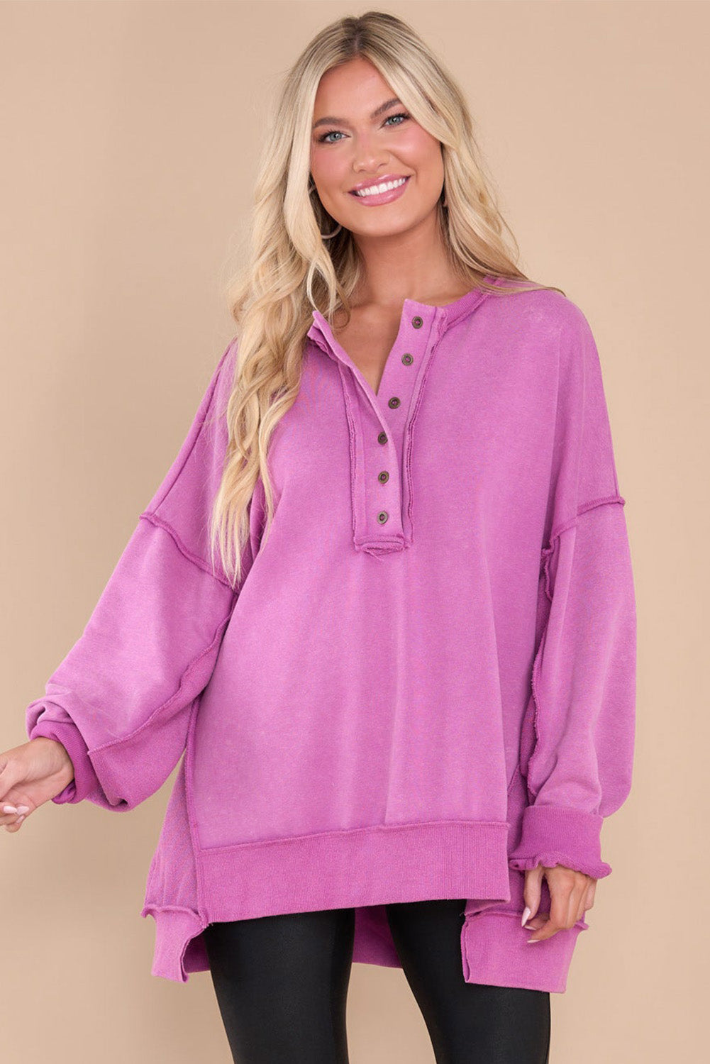 Green Oversized Exposed Seam Henley Sweatshirt