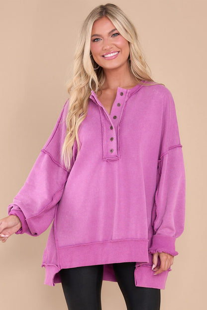 Green Oversized Exposed Seam Henley Sweatshirt