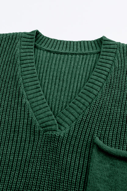Black Knitted V Neck Sweater and Casual Pants Set
