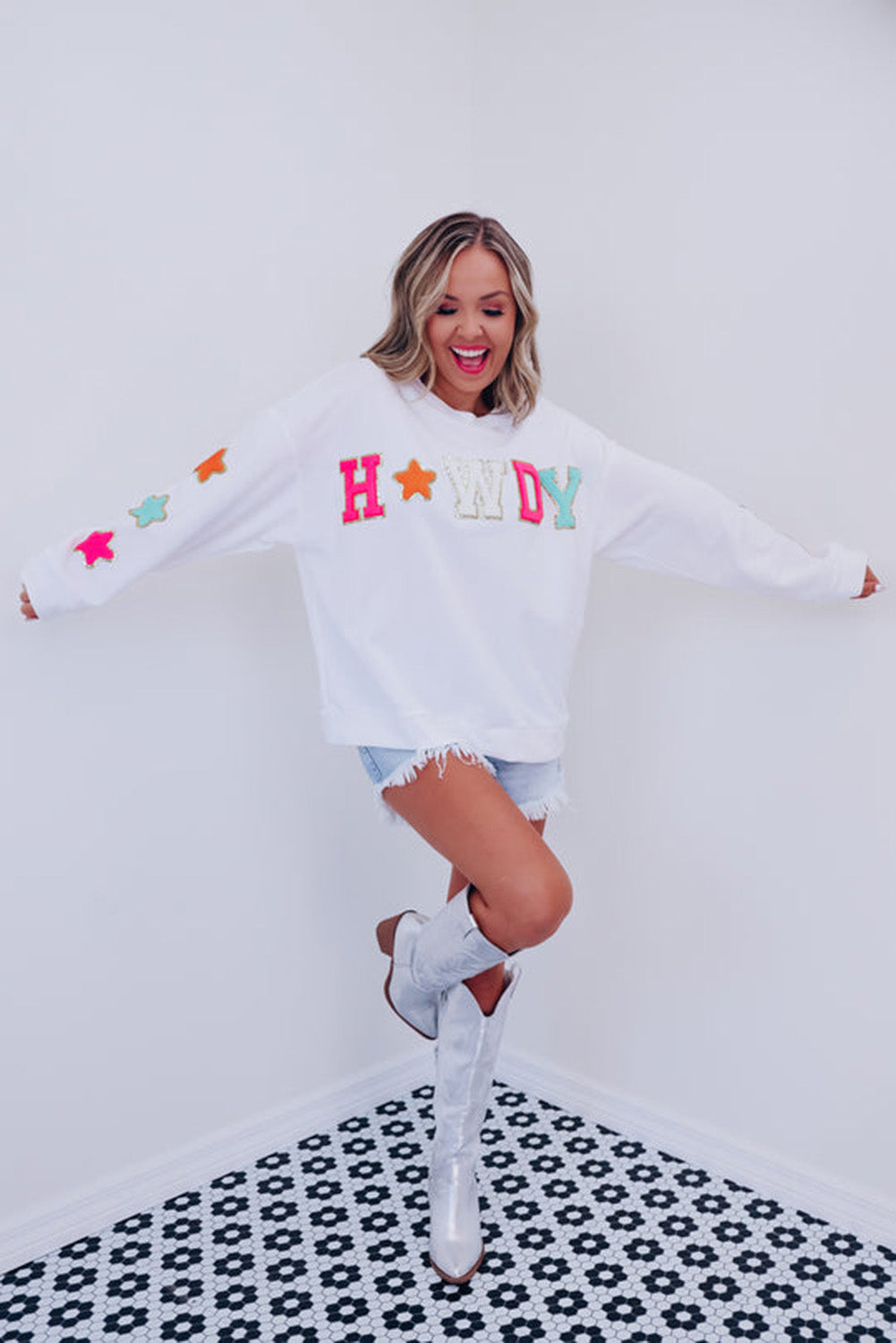 Black Glitter Howdy Patch Graphic Casual Sweatshirt
