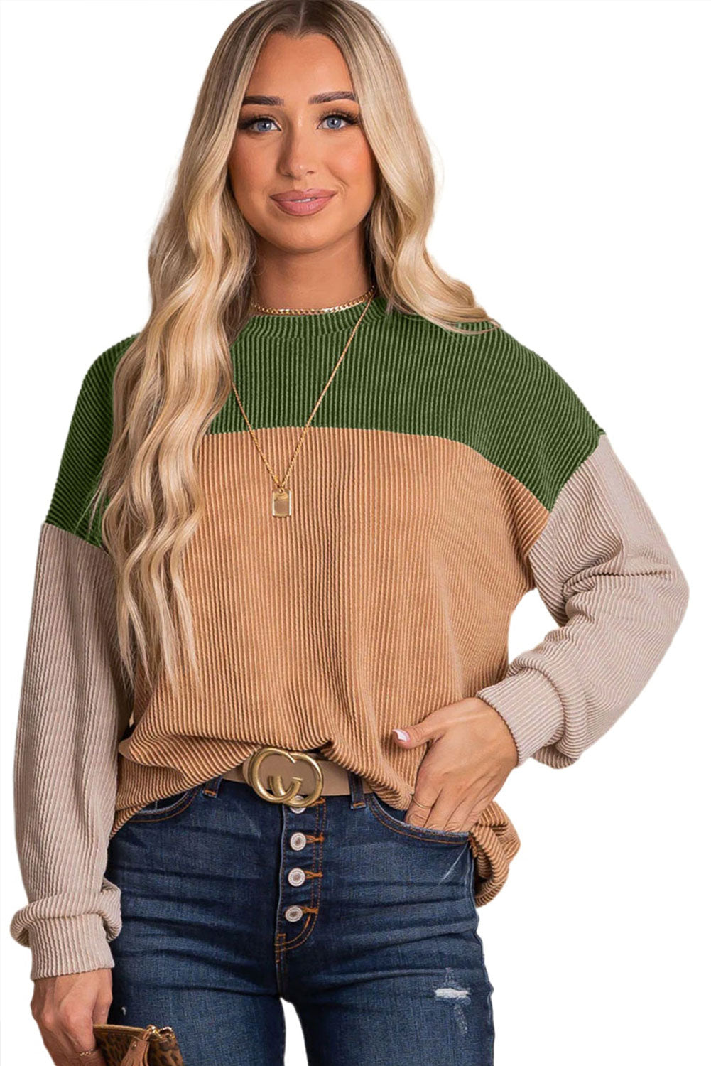 Mineral Red Plus Size Ribbed Colorblock Long Sleeve Top
