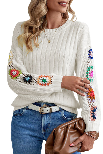 Black Floral Crochet Bell Sleeve Loose Sweater