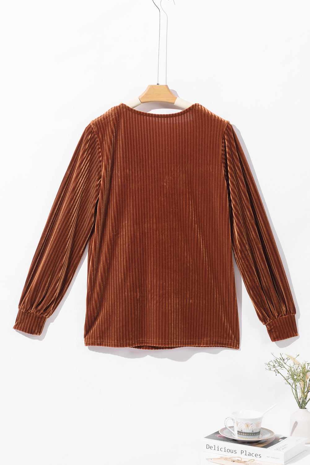 Pink Smocked Ribbed Velvet Babydoll Top