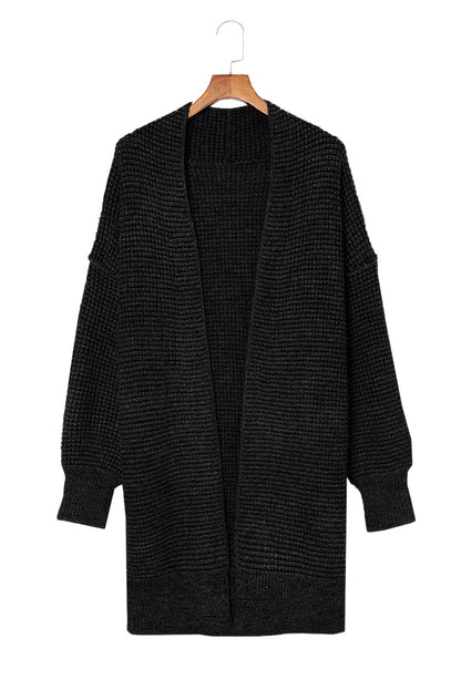 Gray Plaid Knitted Long Open Front Cardigan