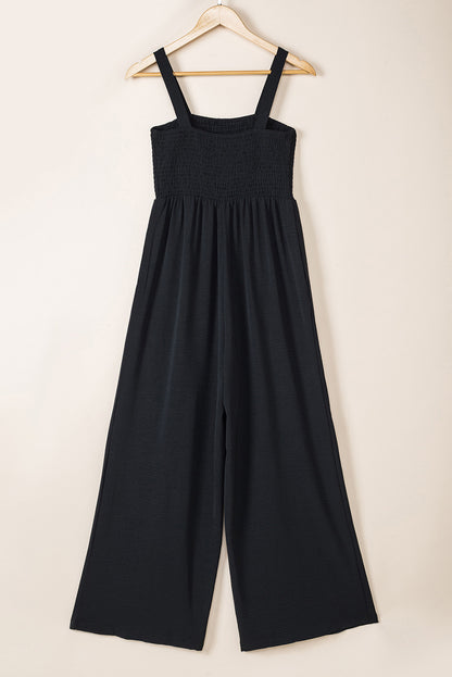 Black Smocked Square Neck Long Sleeve Wide Leg Jumpsuit