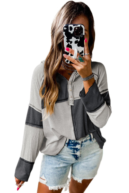 Leopard Print Exposed Seam Ribbed Patchwork Long Sleeve Top