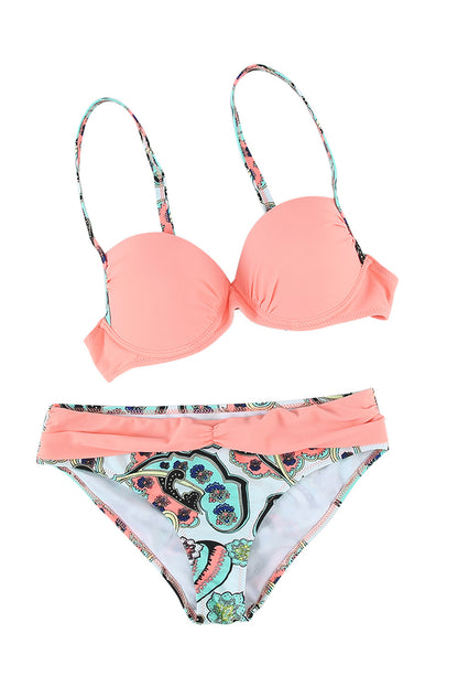 Sky Blue Geometric Padded Gather Push-up Bikini Set