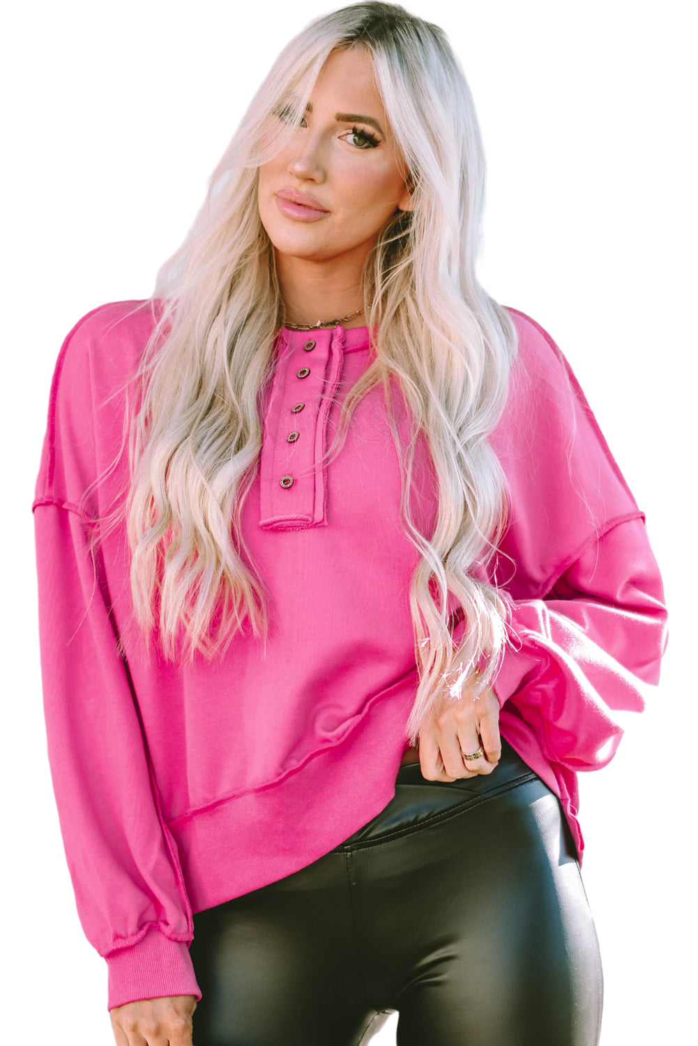 Black Drop Shoulder Henley Buttons Sweatshirt