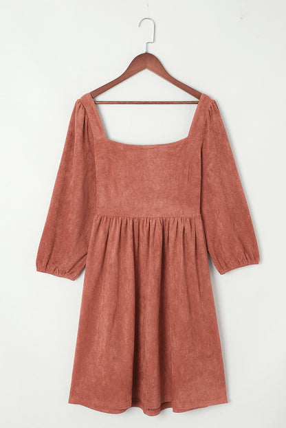 Jungle Green Suede Square Neck Puff Sleeve Dress