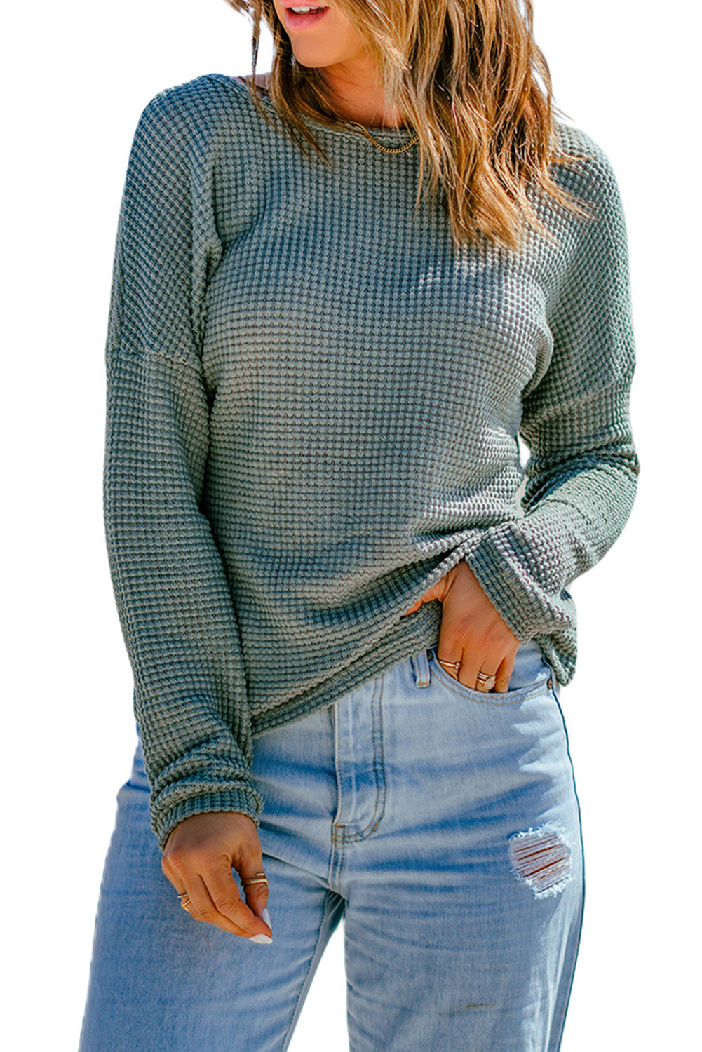 Fiery Red Waffle Knit Drop Shoulder Long Sleeve Top