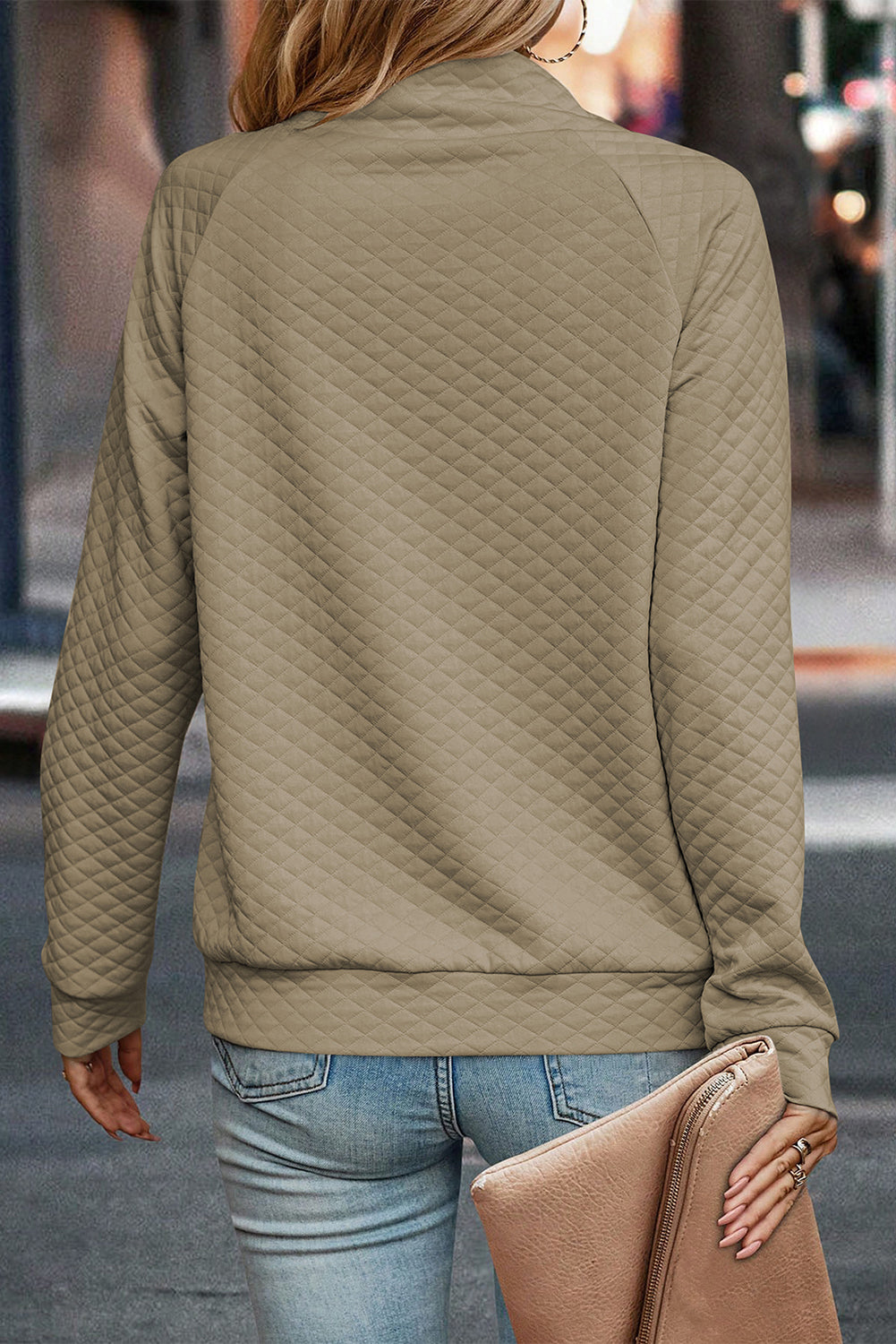 Black Solid Half Zipper Quilted Pullover Sweatshirt