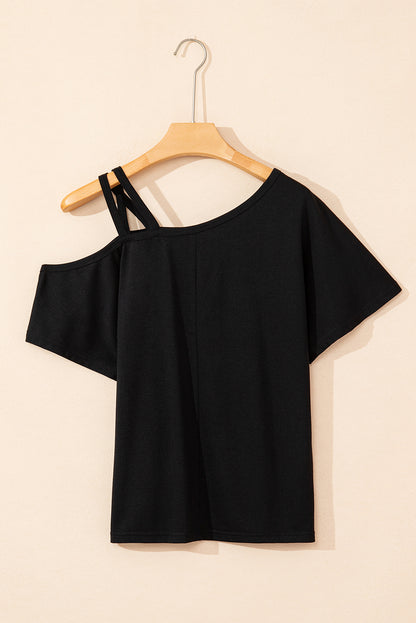 Black One Shoulder Long Sleeve Shift Blouse