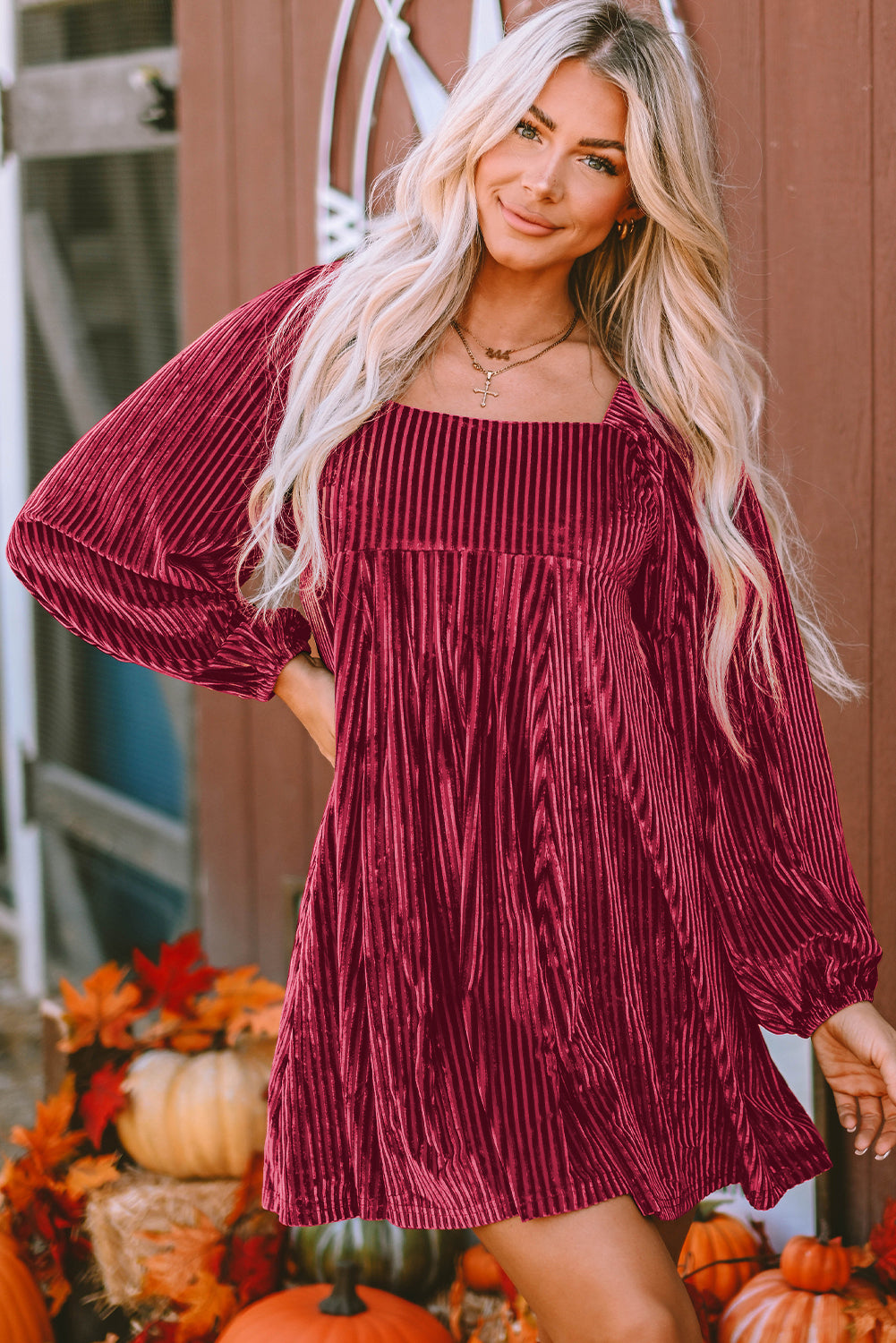 Pink Smocked Ribbed Velvet Babydoll Top