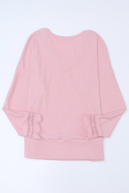 Black Ribbed Texture Lace Trim V Neck Long Sleeve Top