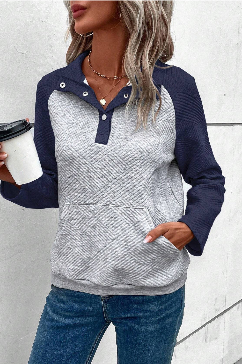 Light Grey Textured Knit Buttoned Kangaroo Pocket Sweatshirt