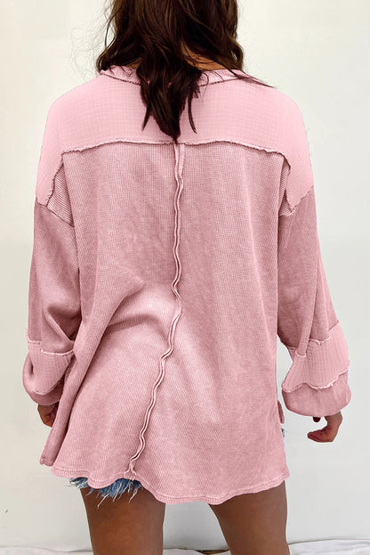 Gray Exposed Seam Patchwork Bubble Sleeve Waffle Knit Top