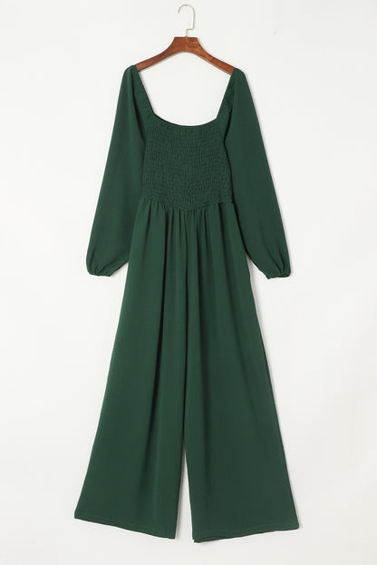 Black Smocked Square Neck Long Sleeve Wide Leg Jumpsuit