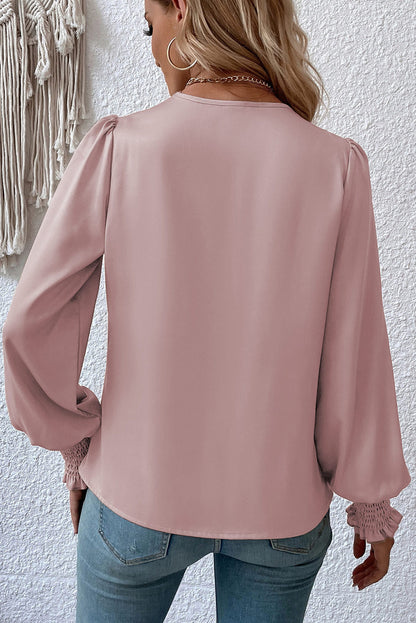 Khaki Solid Surplice Neck Shirred Cuffs Draped Blouse