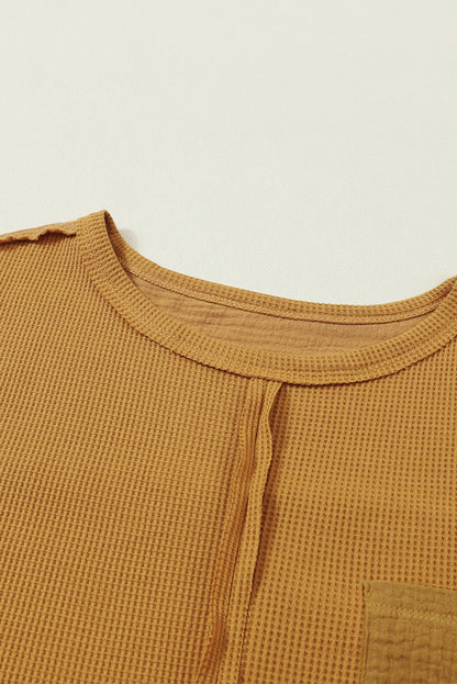 Gray Exposed Seam Patchwork Bubble Sleeve Waffle Knit Top
