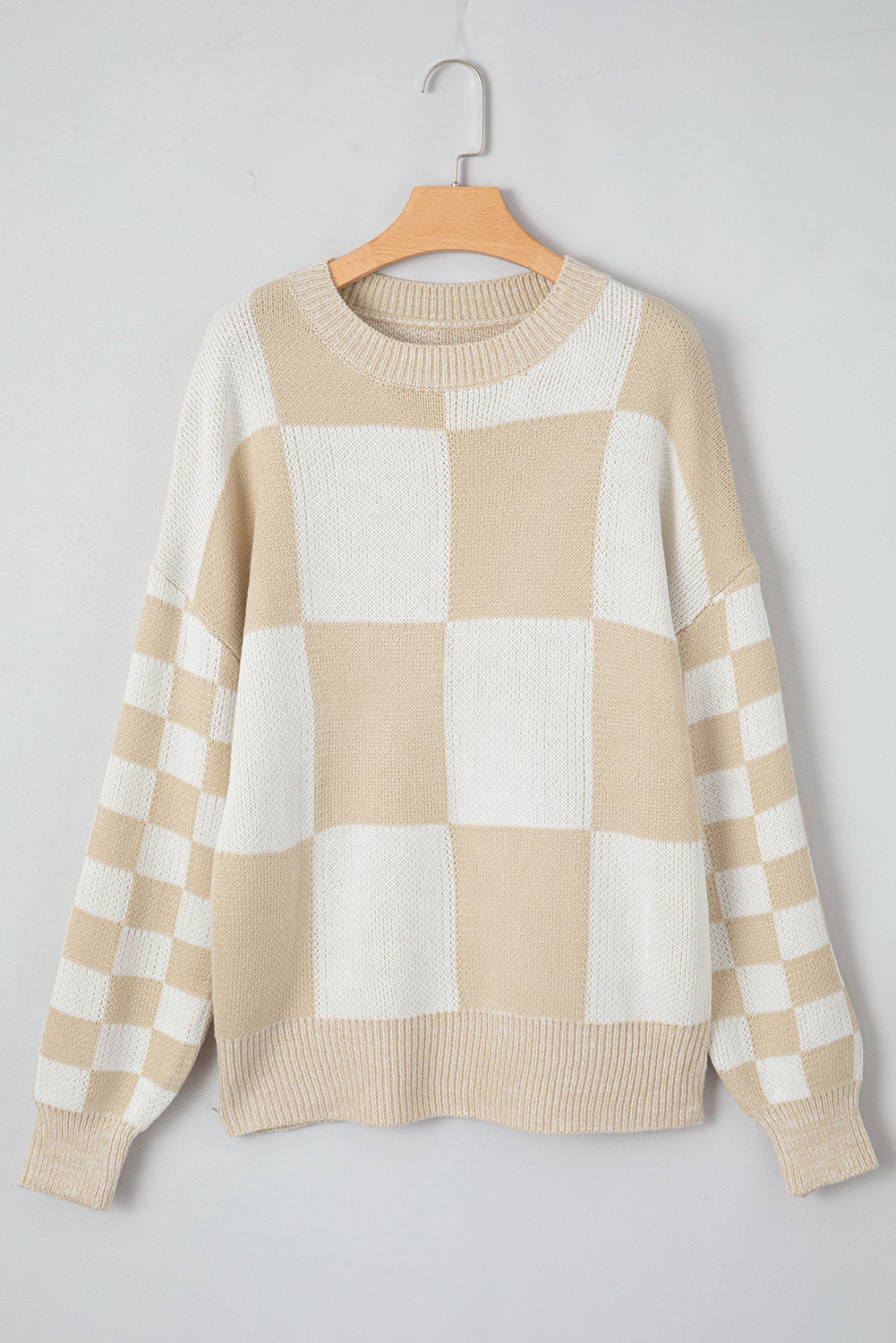 Medium Grey Checkered Print Drop Shoulder Sweater