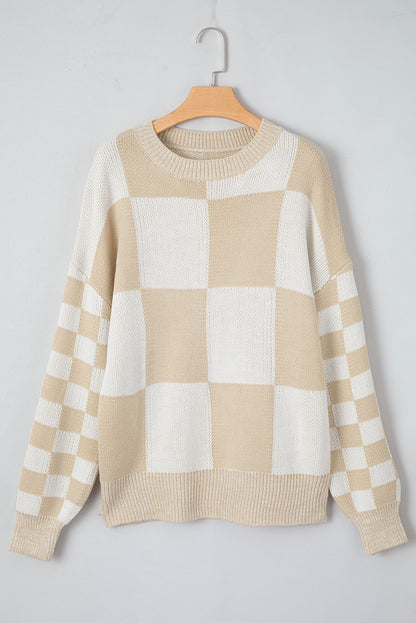Medium Grey Checkered Print Drop Shoulder Sweater