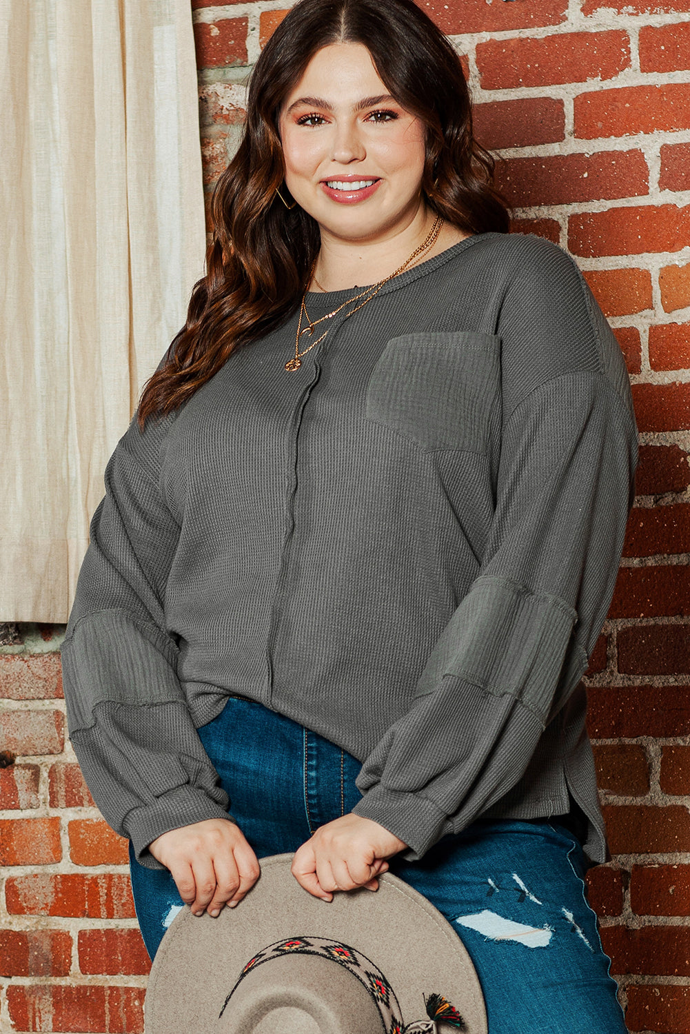 Gray Exposed Seam Patchwork Bubble Sleeve Waffle Knit Top