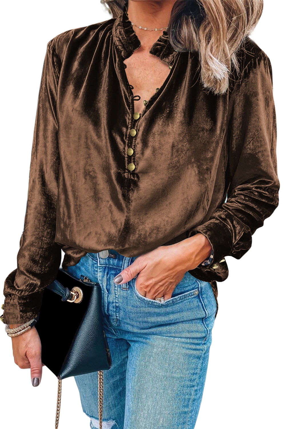 Burgundy Frilled Neck Buttoned Front Velvet Top