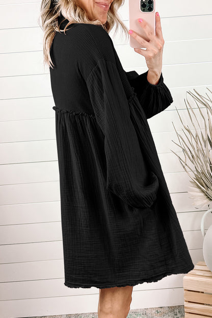 Green Patchwork Crinkle Puff Sleeve Shirt Dress