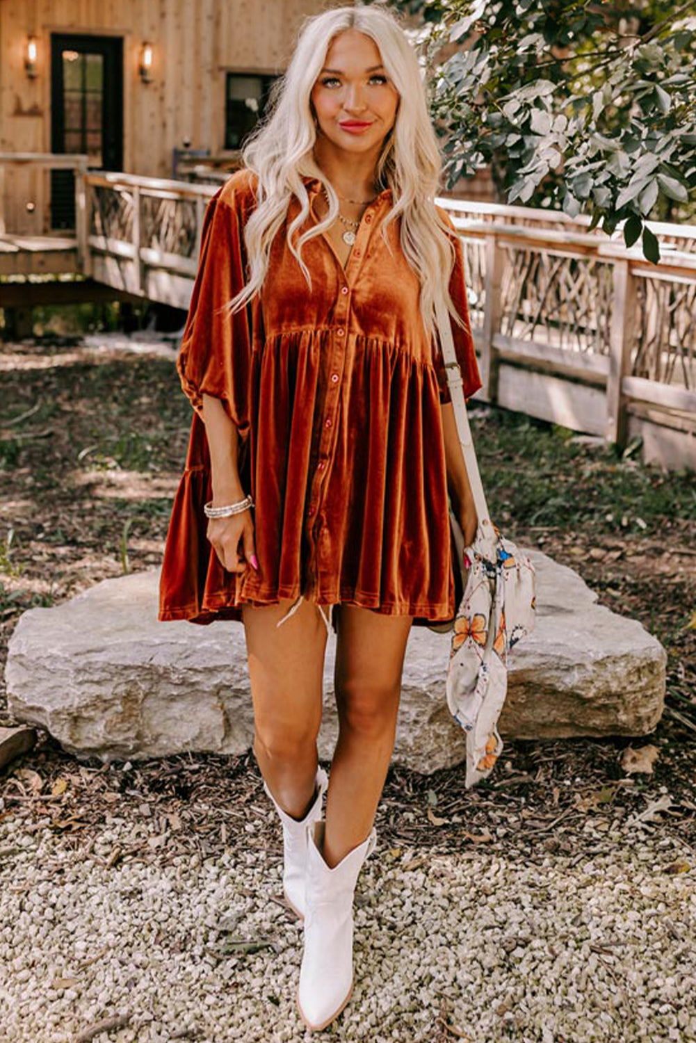 Pale Khaki 3/4 Sleeve Tunic Babydoll Velvet Shirt