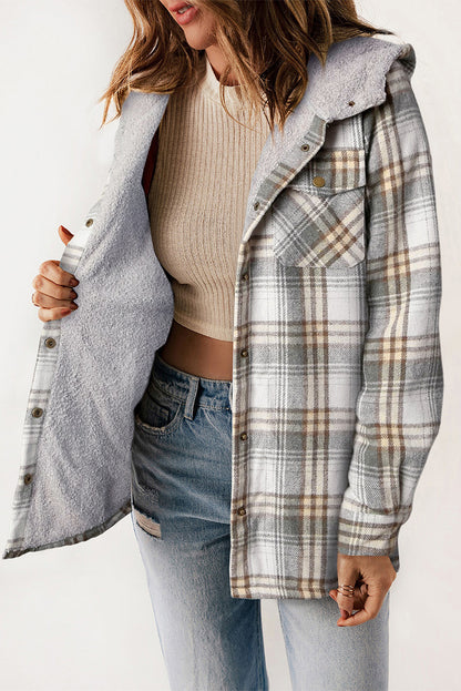 Orange Plaid Pattern Sherpa Lined Hooded Shacket