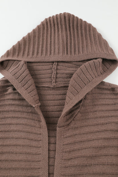 Black Horizontal Rib Knitted Open Front Hooded Cardigan