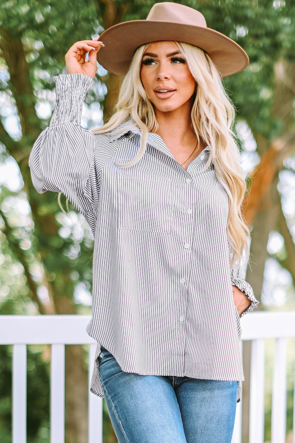 Pink Smocked Cuffed Striped Boyfriend Shirt with Pocket