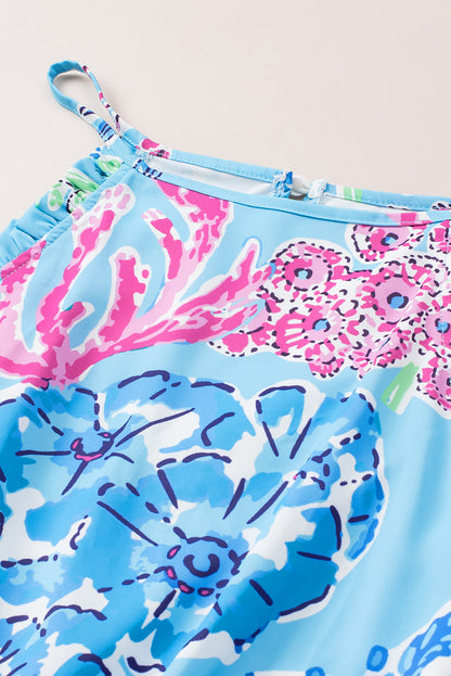Purple Floral Print Pocketed Frill Sleeveless Romper
