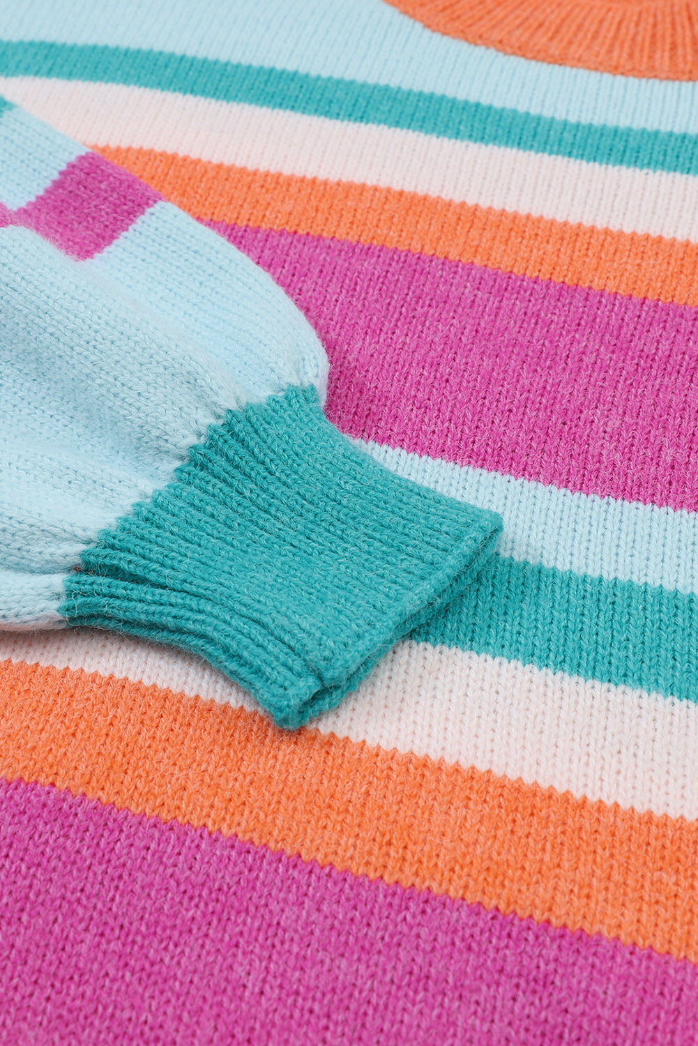 Multicolour Striped Knit Drop Shoulder Puff Sleeve Sweater