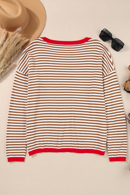 Contrast Trimmed Striped Drop Shoulder Sweater