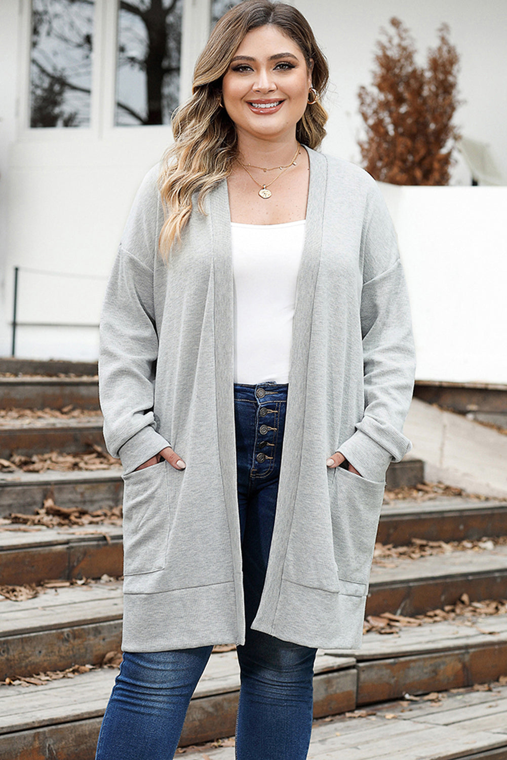 Light Gray Thermal Waffle Knit Pocketed Cardigan