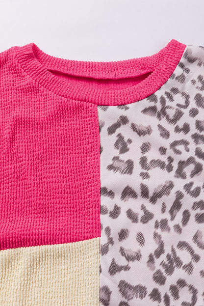 Khaki Ribbed Color Block Leopard Splicing Plus Size Top