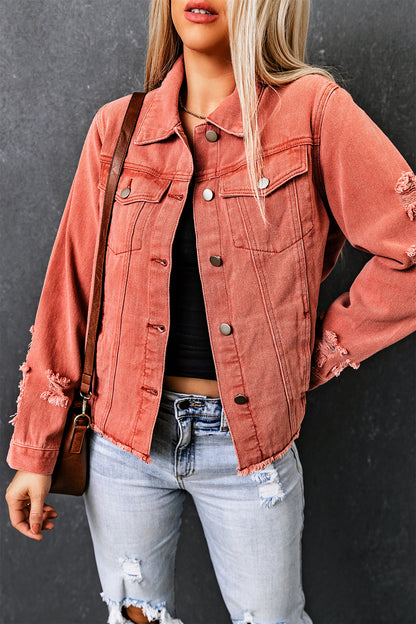Dark Blue Plus Size Distressed Flap Pocket Denim Jacket