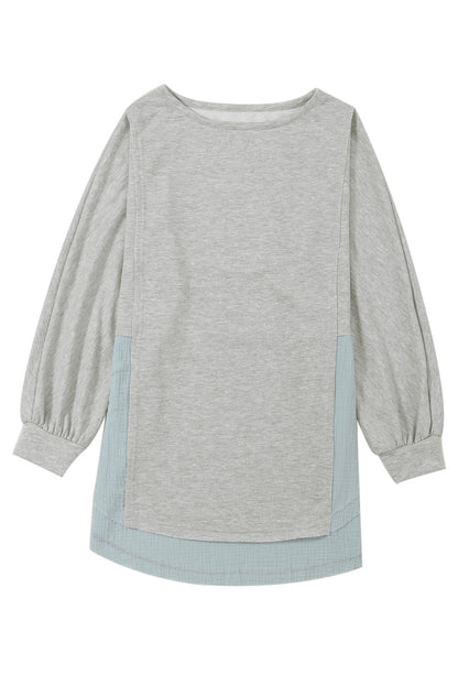 Grey Crinkle Splicing Raw Hem High Low Oversized Blouse