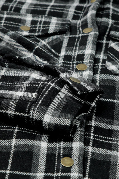 Orange Plaid Pattern Sherpa Lined Hooded Shacket