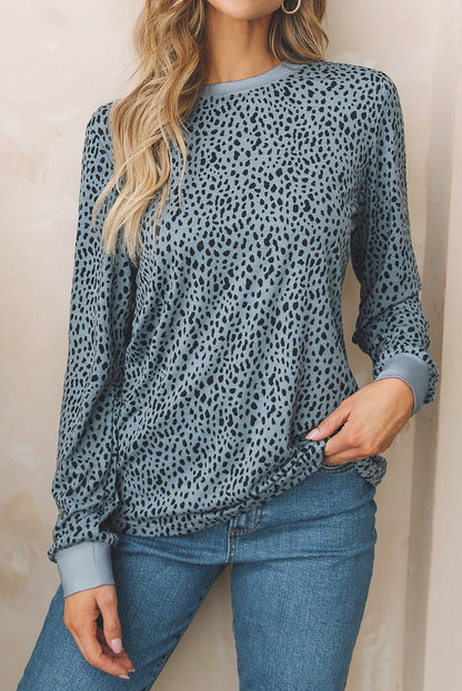 Animal Spotted Print Round Neck Long Sleeve Top