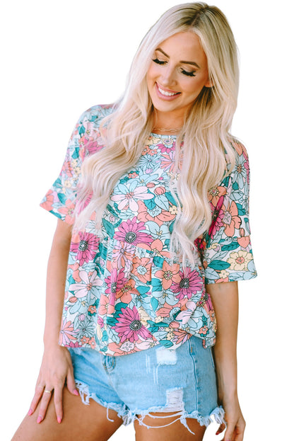 Multicolor Flower Print Pocketed Drawstring Waist Wide Leg Pants