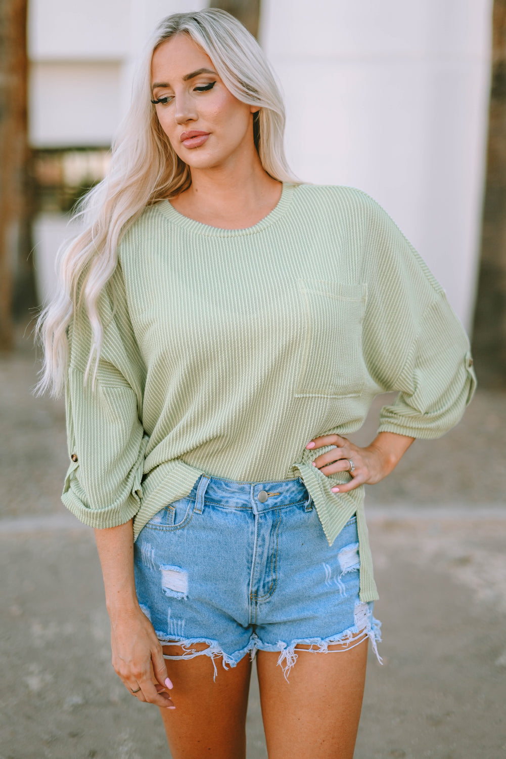 Gray Ribbed Roll-tab Sleeve Chest Pocket Oversize Top