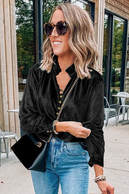 Burgundy Frilled Neck Buttoned Front Velvet Top