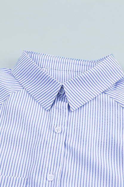 Pink Smocked Cuffed Striped Boyfriend Shirt with Pocket
