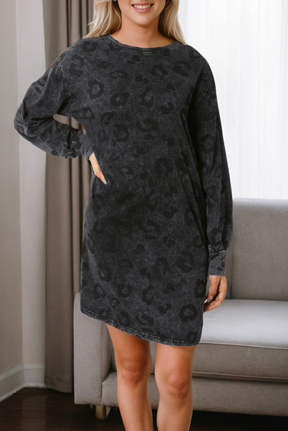 Gray Vintage Washed Leopard T-Shirt Dress with Pockets