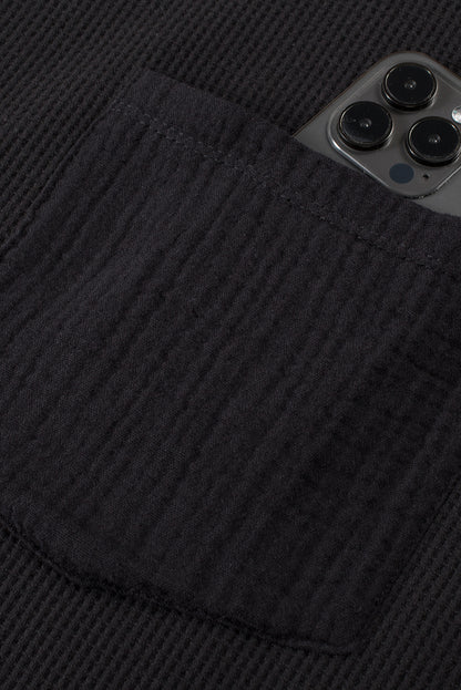 Gray Exposed Seam Patchwork Bubble Sleeve Waffle Knit Top