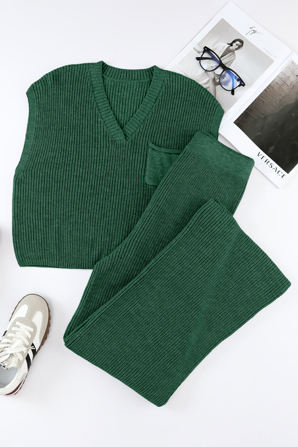 Black Knitted V Neck Sweater and Casual Pants Set