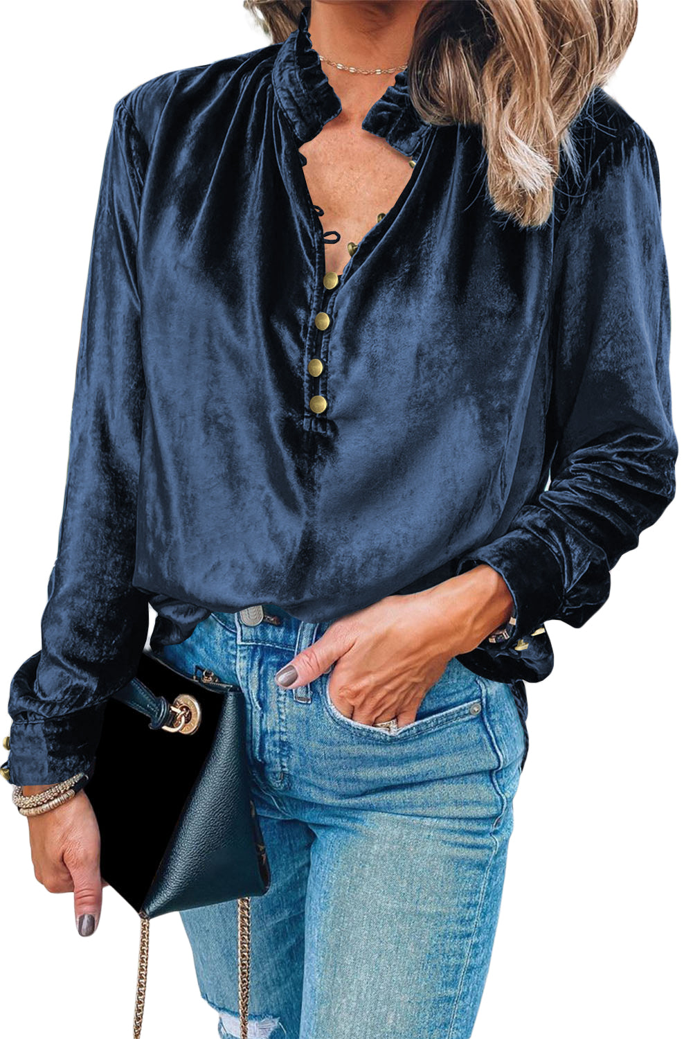 Burgundy Frilled Neck Buttoned Front Velvet Top