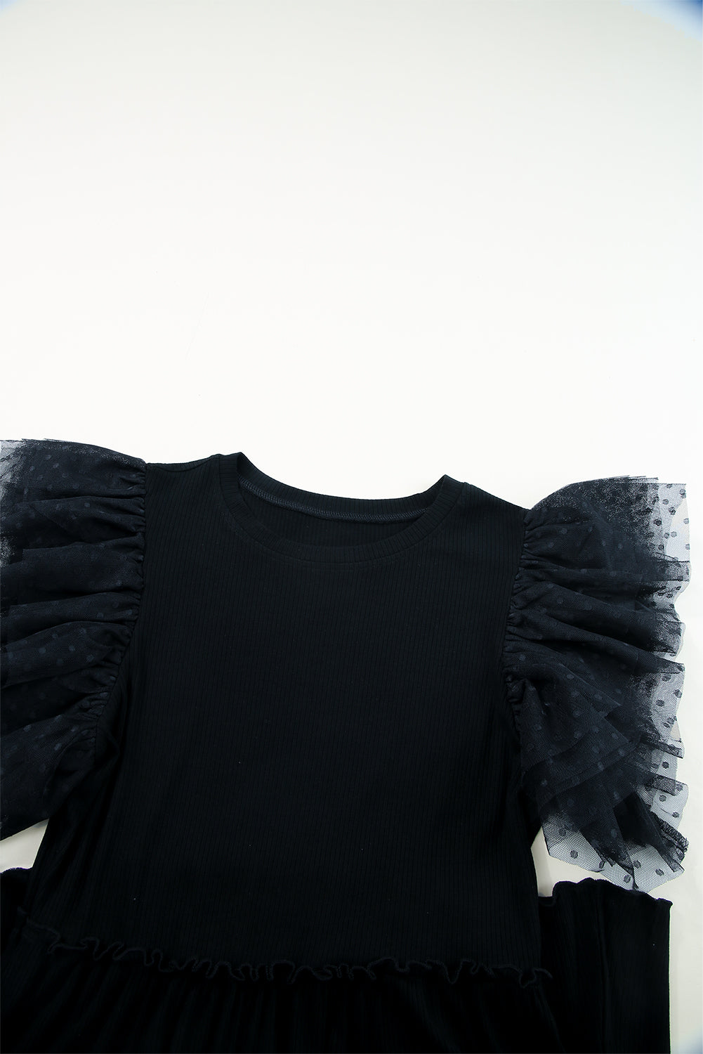 Black Dotty Mesh Ruffle Sleeve Ribbed Knit Top